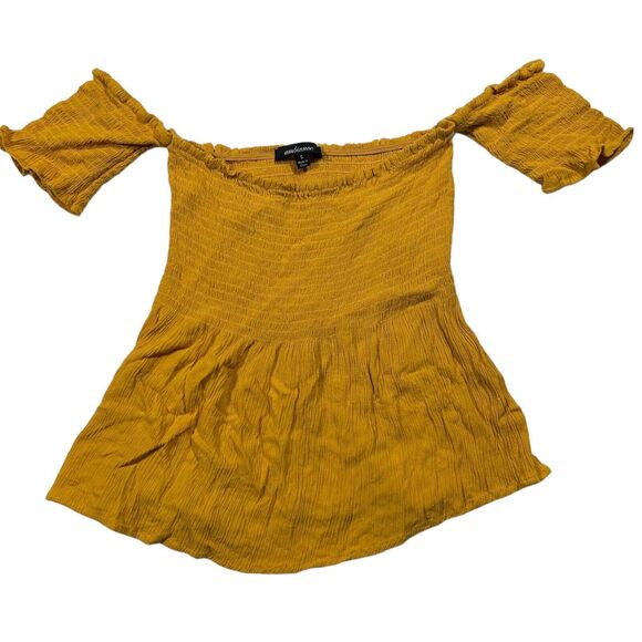 Ambiance Tops - Ambiance Smocked Off Shoulder ￼￼￼Crop Top Size S Mustard Yellow Coquette